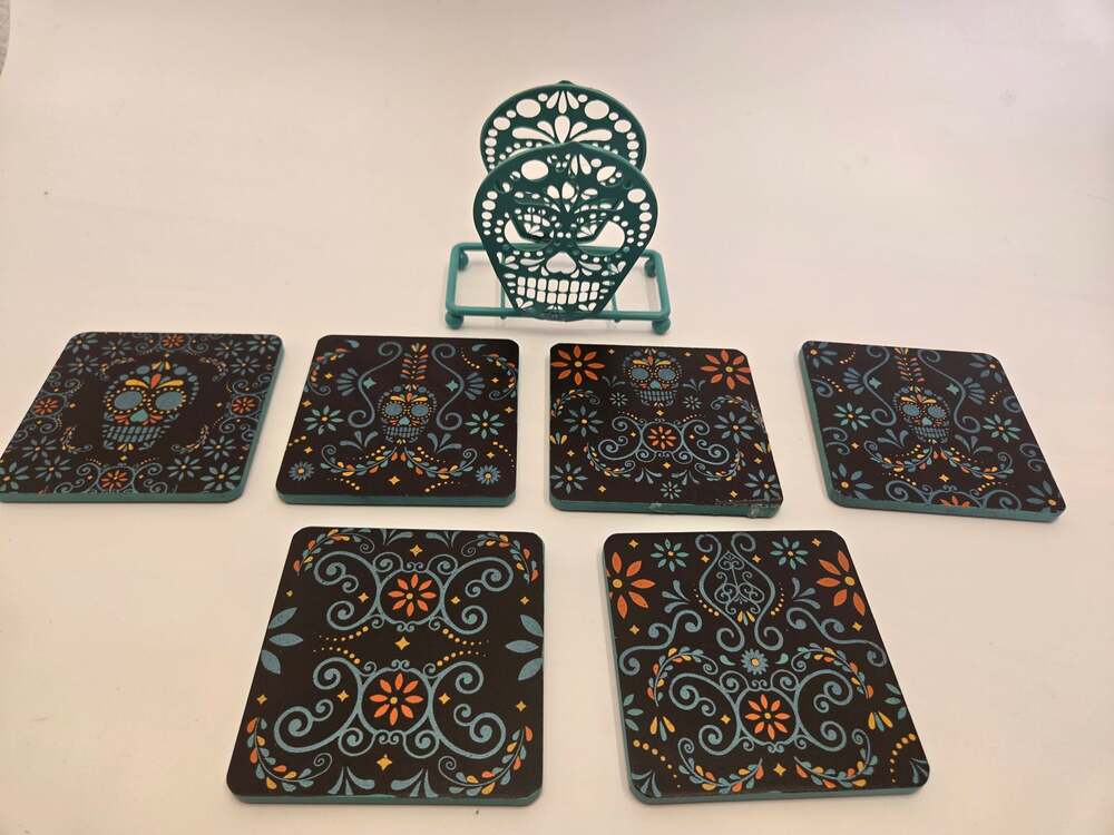 Halloween Sugar Skull Coasters Set of 4 With Holder Colorful Skull Decor
